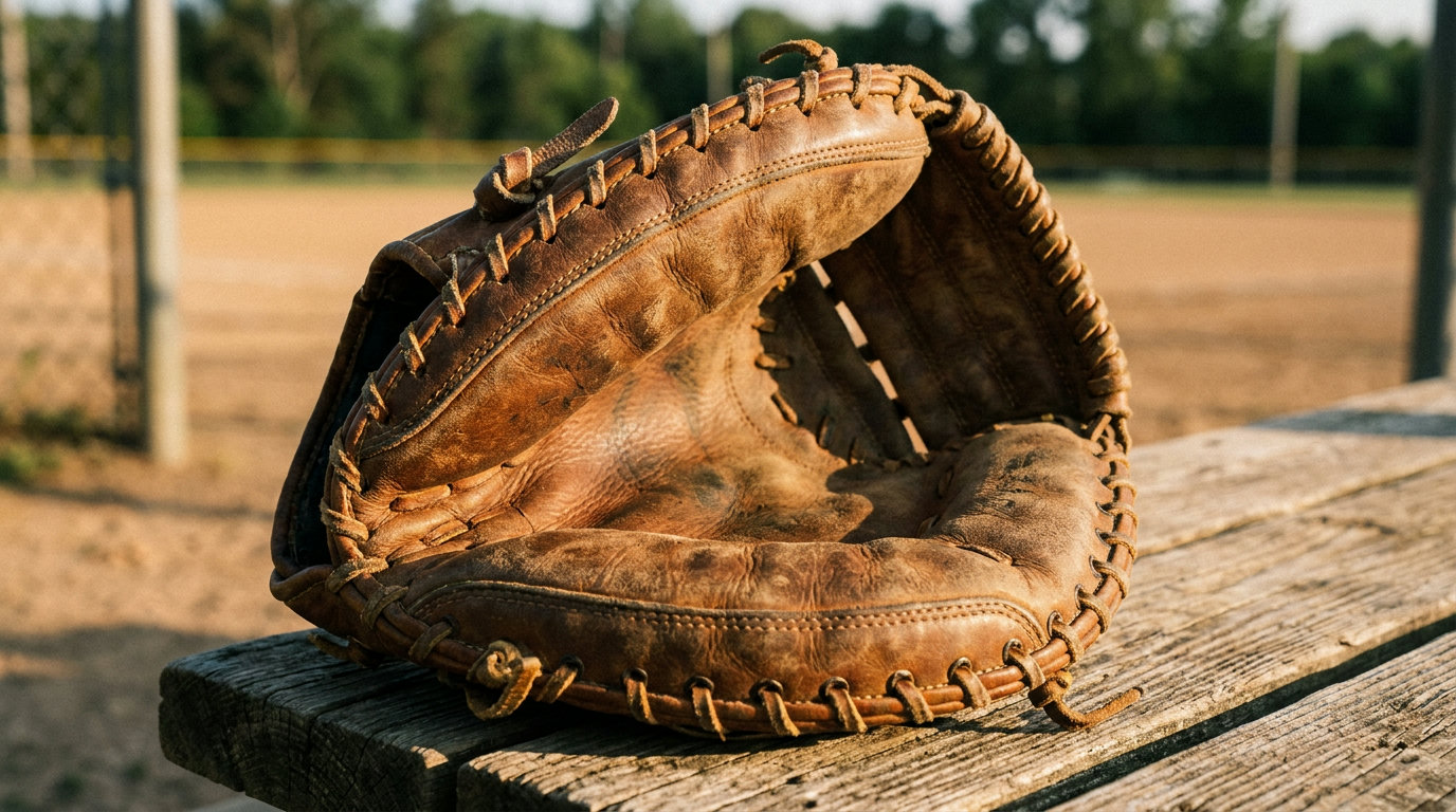 Well-worn brown leather baseball catcher's mitt in close-up (AI-generated image)