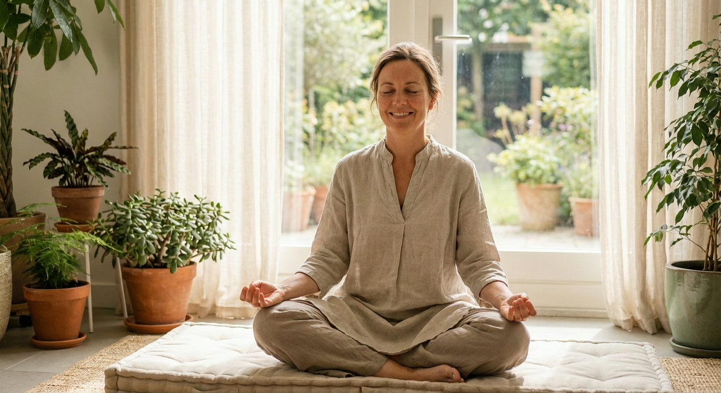Person with closed eyes doing a breathing exercise in a calm setting