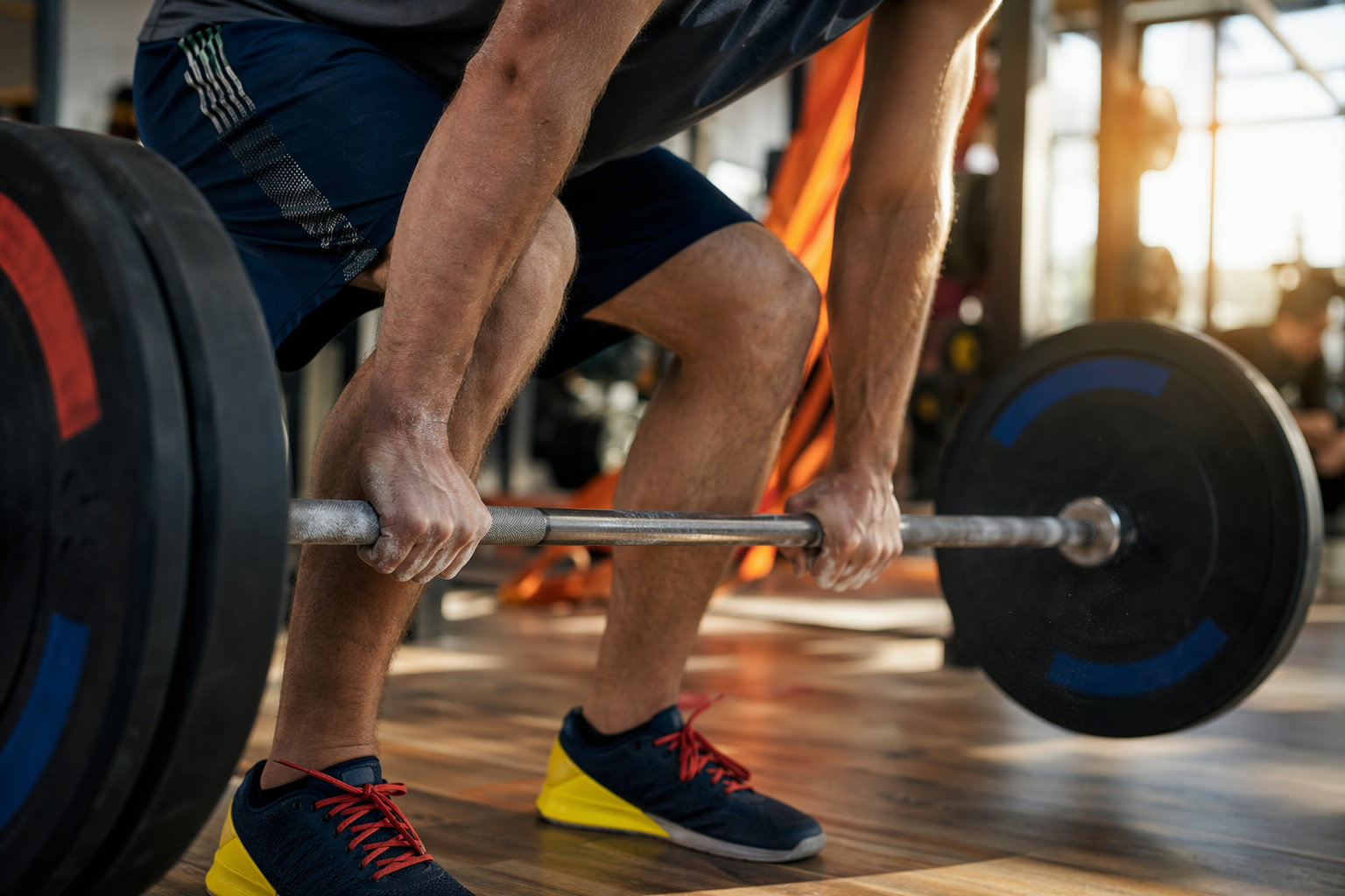 Hands gripping an Olympic barbell in a modern gym (AI-generated image)