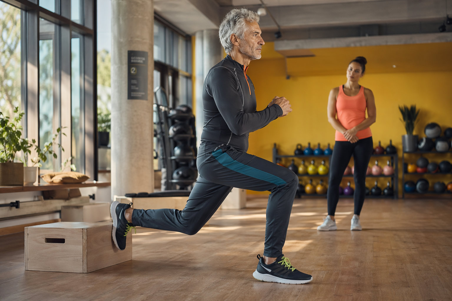 Older man doing a single-leg lunge in a bright gym (AI-generated image)