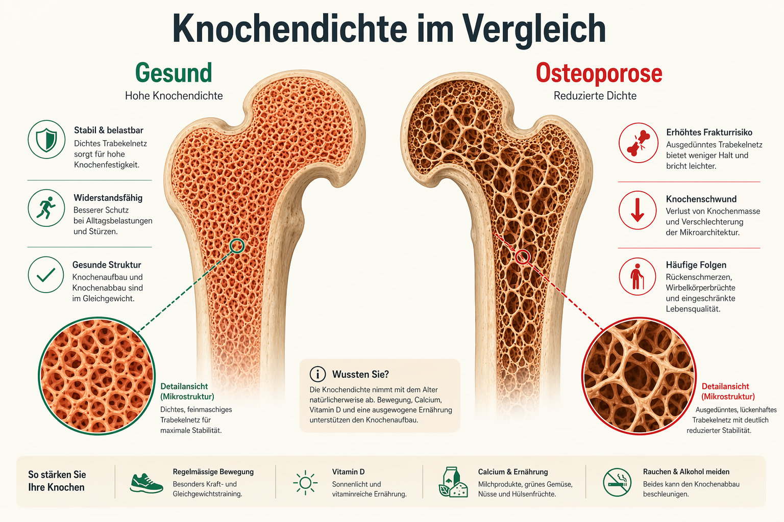 Infographic: cross-section of healthy versus osteoporotic femur (AI-generated image)