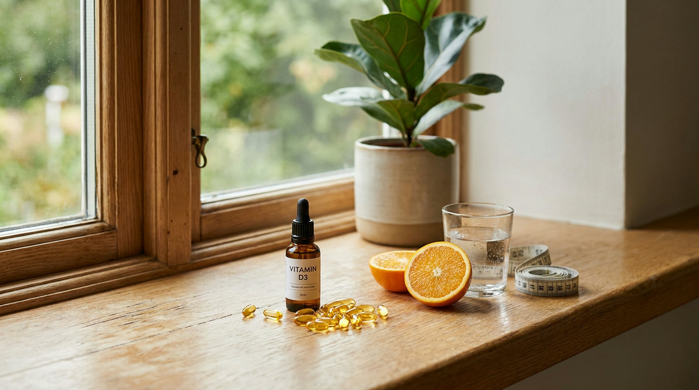 Vitamin D drops and capsules beside an orange and a glass of water on a light wooden table (AI-generated image)