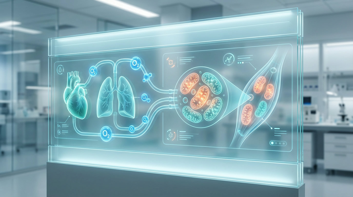 Infographic: the link between VO2max, the oxygen cascade and mitochondrial function (AI-generated image)