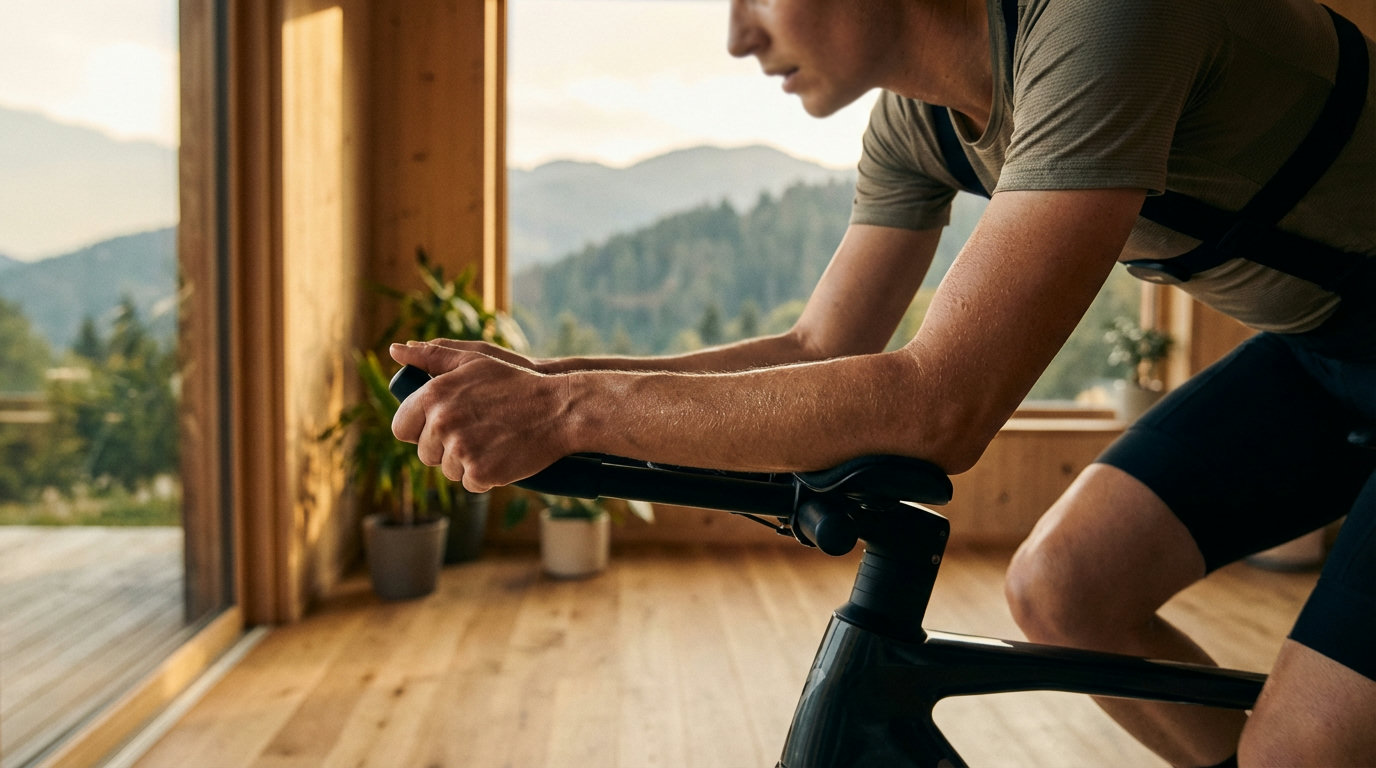 Person doing Zone 2 training on an indoor cycling ergometer with a heart-rate monitor (AI-generated image)