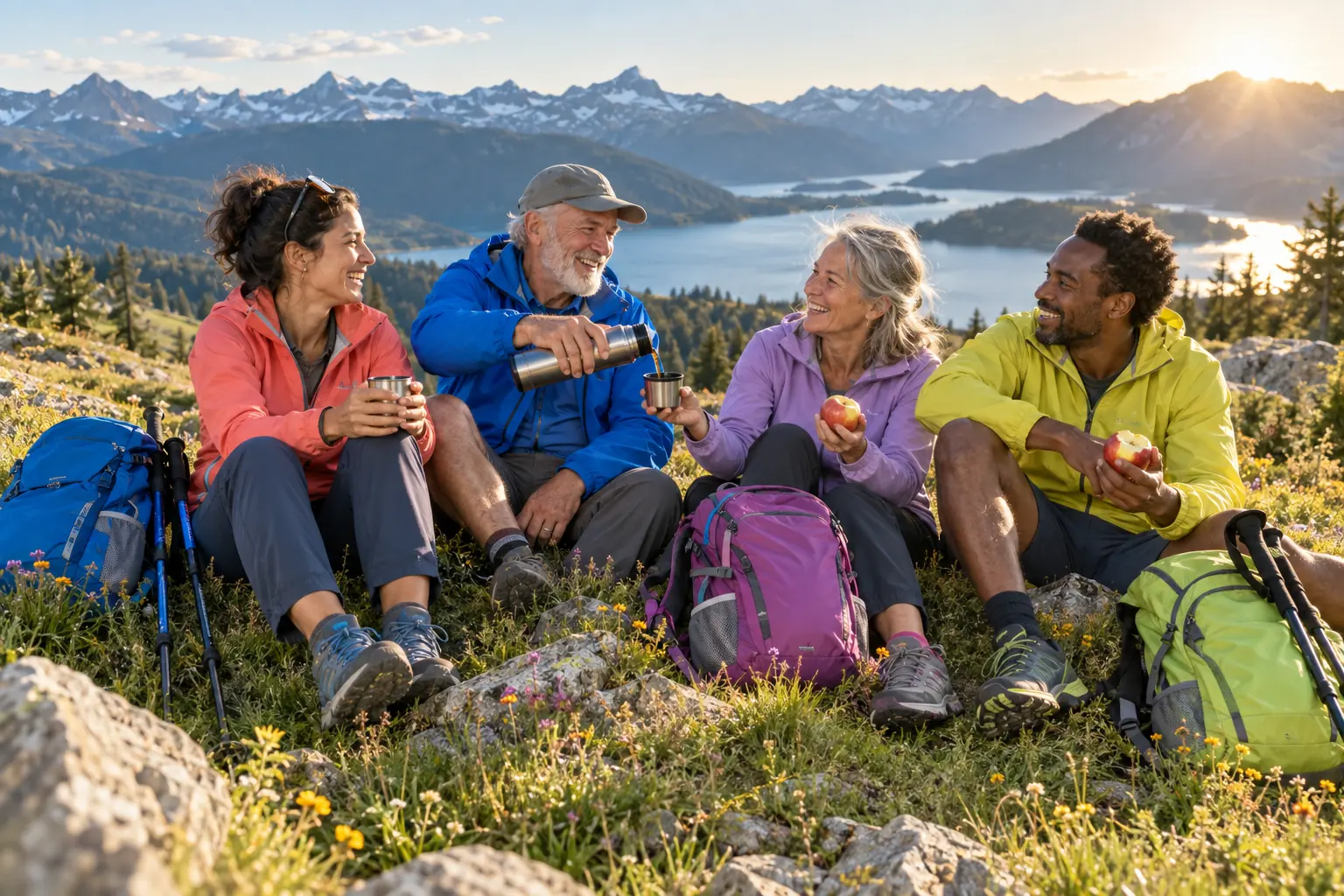Vier Freunde unterschiedlichen Alters rasten lachend auf einer Almwiese über einem Bergsee (KI-generierte Darstellung)