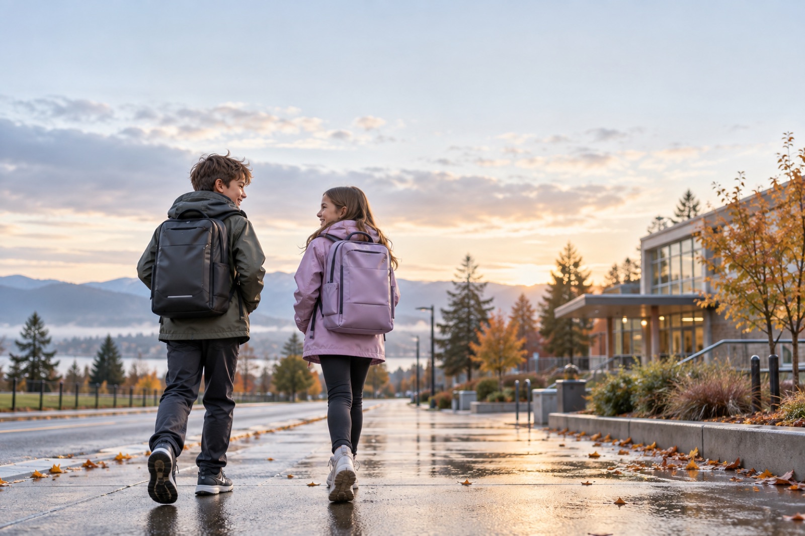Zwei Kinder mit Rucksäcken auf dem Weg zur Schule, nasser Gehweg im Morgenlicht (AI-generated image)