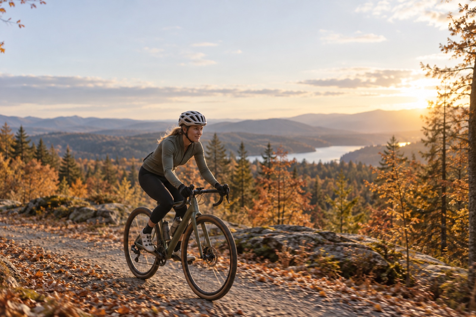 Radfahrerin auf einem Schotterweg im herbstlichen Wald, im Hintergrund ein See im Abendlicht (AI-generated image)