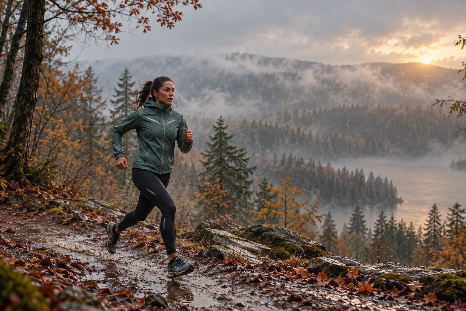 Läuferin auf einem nassen Waldtrail im Herbst, dahinter Nebel über einem See (AI-generated image)