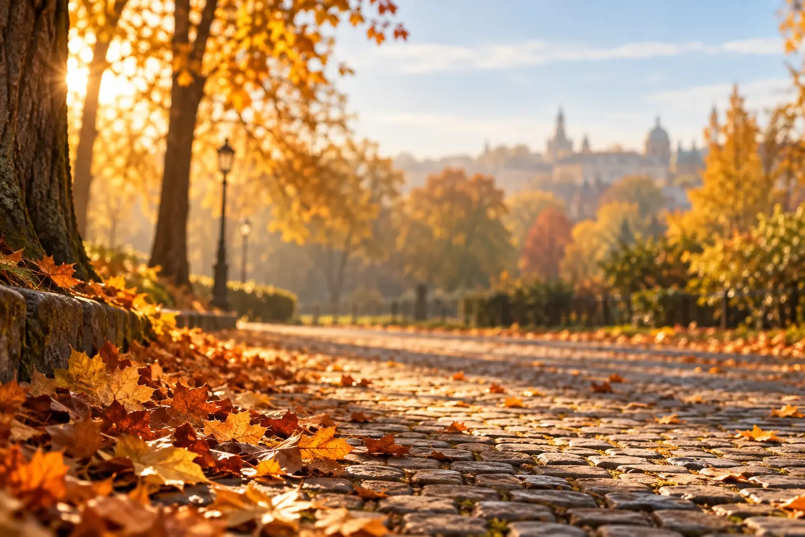 Sunny autumn morning in a park, golden leaves on a cobbled path, trees backlit in the background (AI-generated) (AI-generated image)