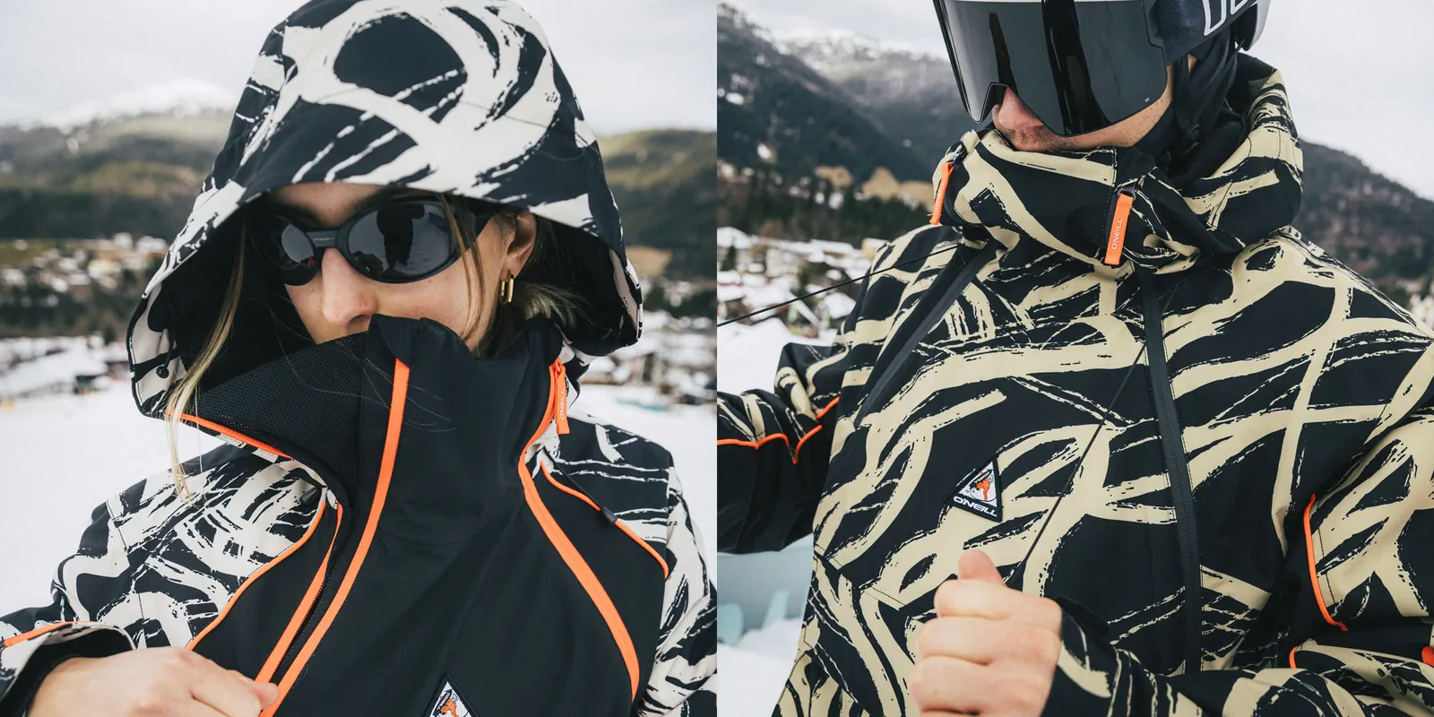 Snowboarders in the O'Neill FWC'Play Asymmetric Snow Jacket for women and men