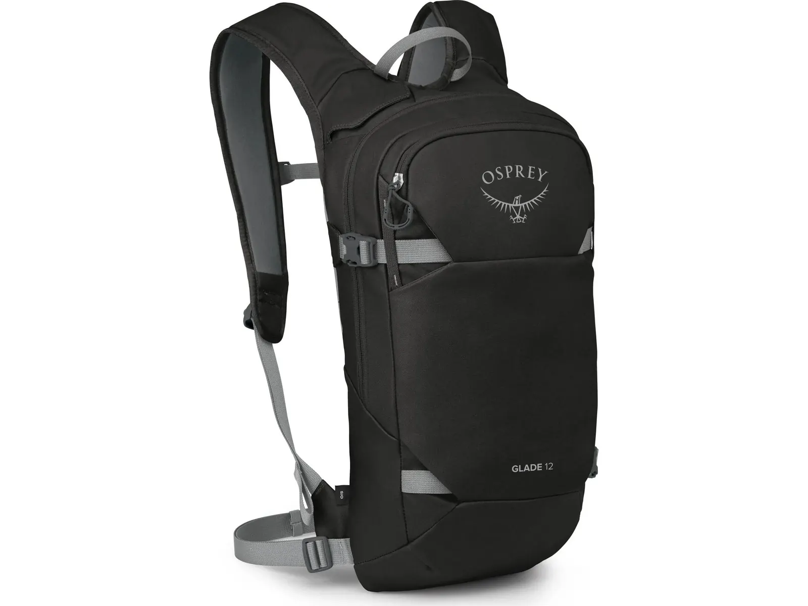 Osprey Glade 12 in black, schräg von vorn mit Schultergurten und Hüftgurt