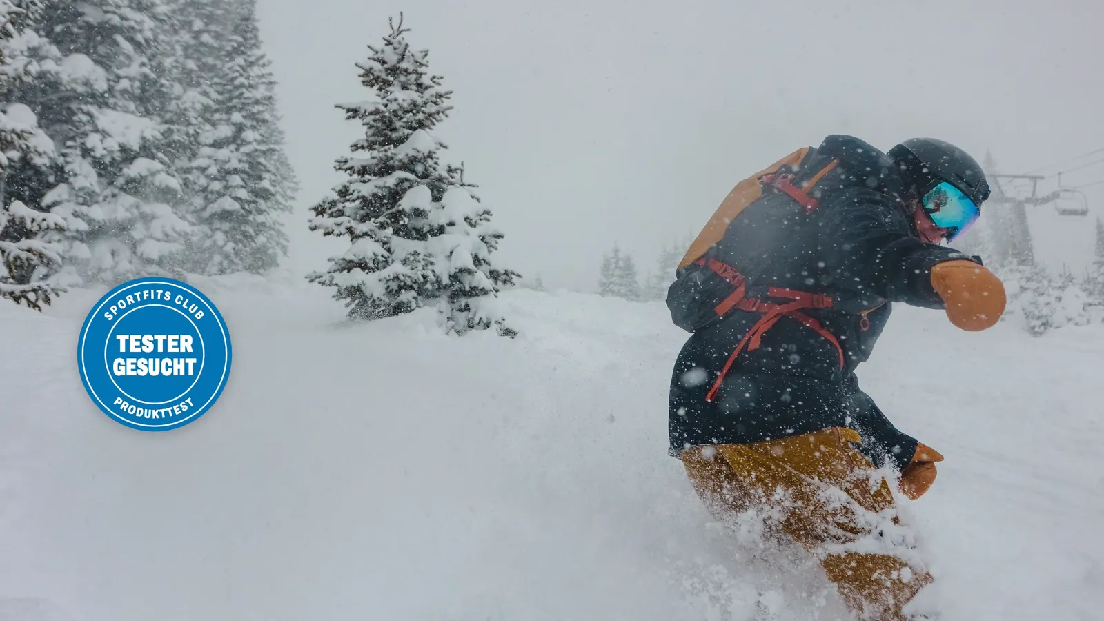 Snowboarder mit dem Osprey Glade 12 im Tiefschnee, daneben ein Stempel „Tester gesucht"