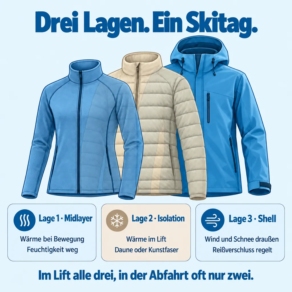 Infografik: drei beschriftete Lagen eines Skitags als Schema, Lage 1 Midlayer, Lage 2 Isolation, Lage 3 Shell, mit je zwei Stichworten (KI-generierte Darstellung)