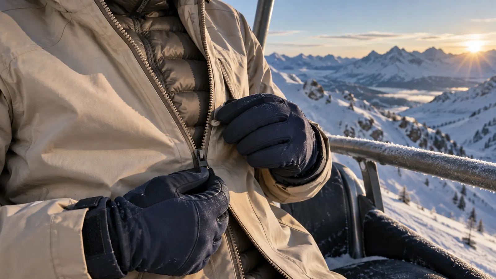Nahaufnahme im Sessellift: Hände in Handschuhen öffnen den Reißverschluss einer Shelljacke, darunter wird das Steppmuster einer Daunenjacke sichtbar, winterlicher Himmel im Hintergrund (KI-generierte Darstellung)