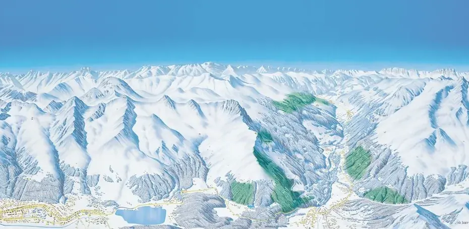Gemaltes Winterpanorama von Davos Klosters mit Parsenn, Davosersee und dem Tal Richtung Klosters