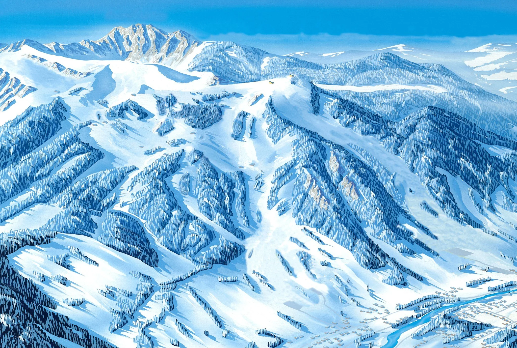 Gemaltes Panorama des Skigebiets Brauneck mit Pisten und Bahnen