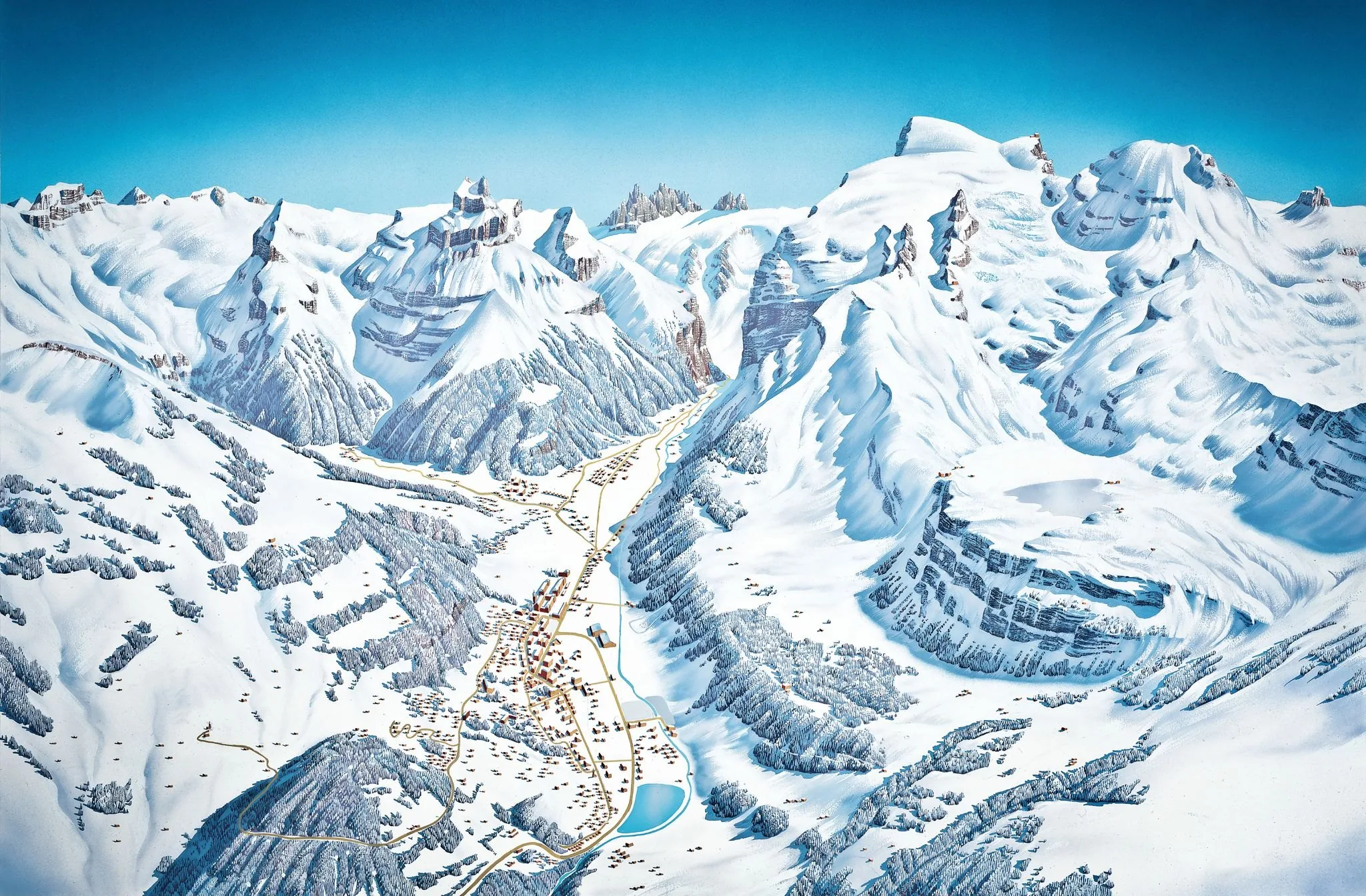 Gemaltes Panorama des Skigebiets Engelberg mit Pisten und Bahnen