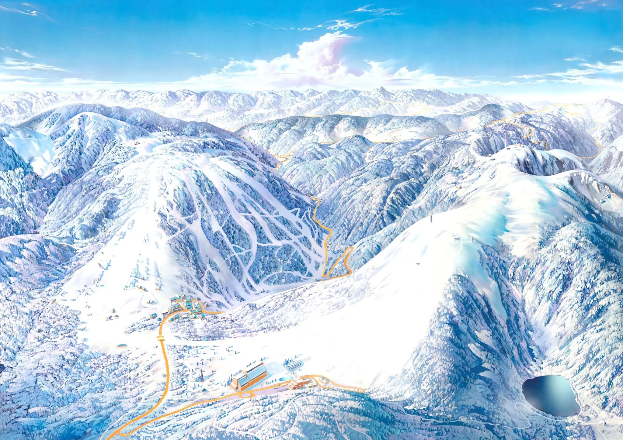 Gemaltes Panorama des Skigebiets Feldberg mit Pisten und Bahnen