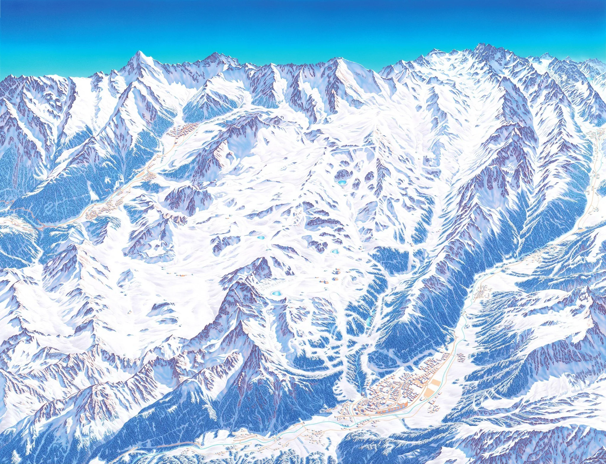 Gemaltes Panorama des Skigebiets Silvretta Arena mit Pisten und Bahnen