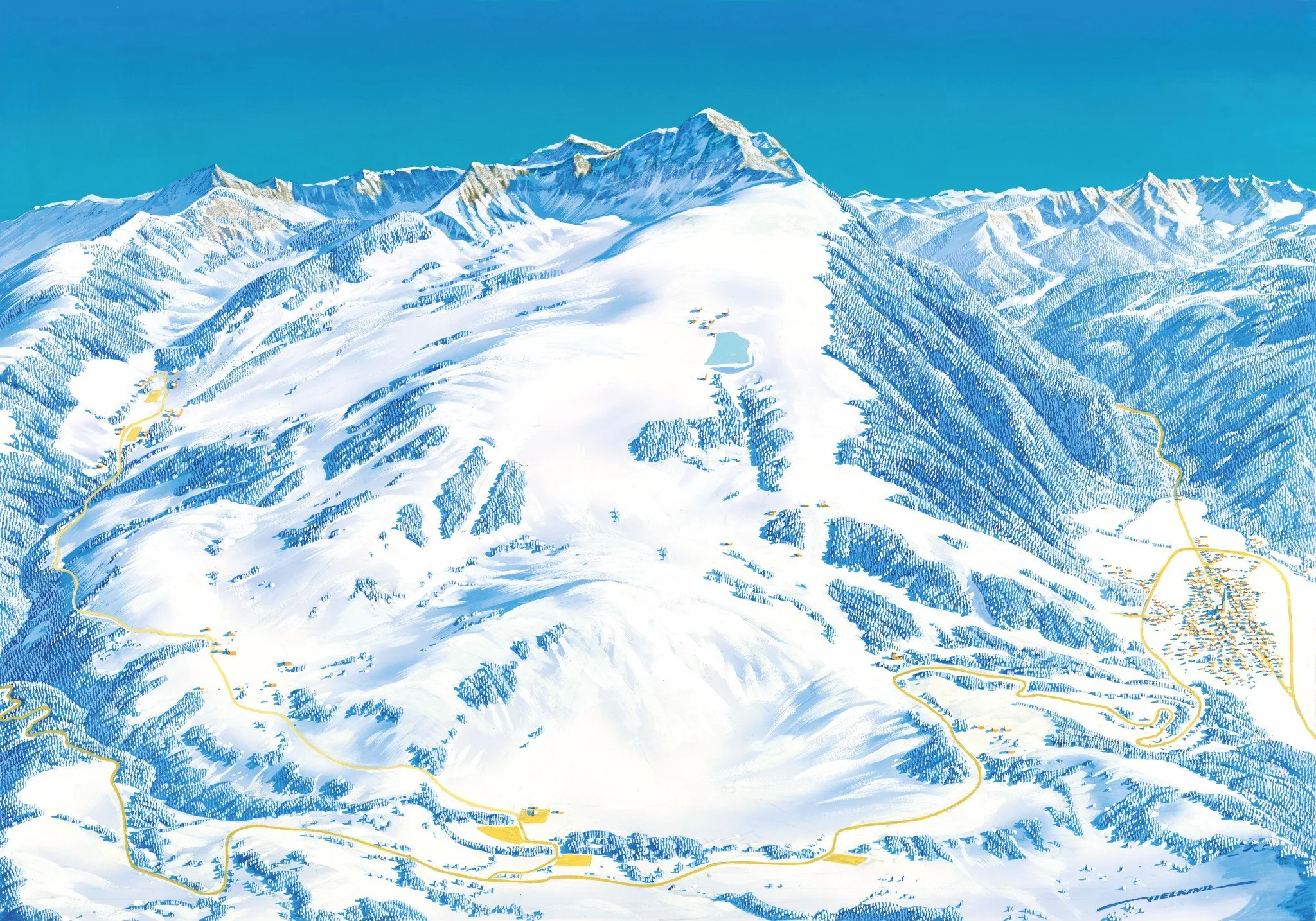 Gemaltes Panorama des Skigebiets Sudelfeld mit Pisten und Bahnen