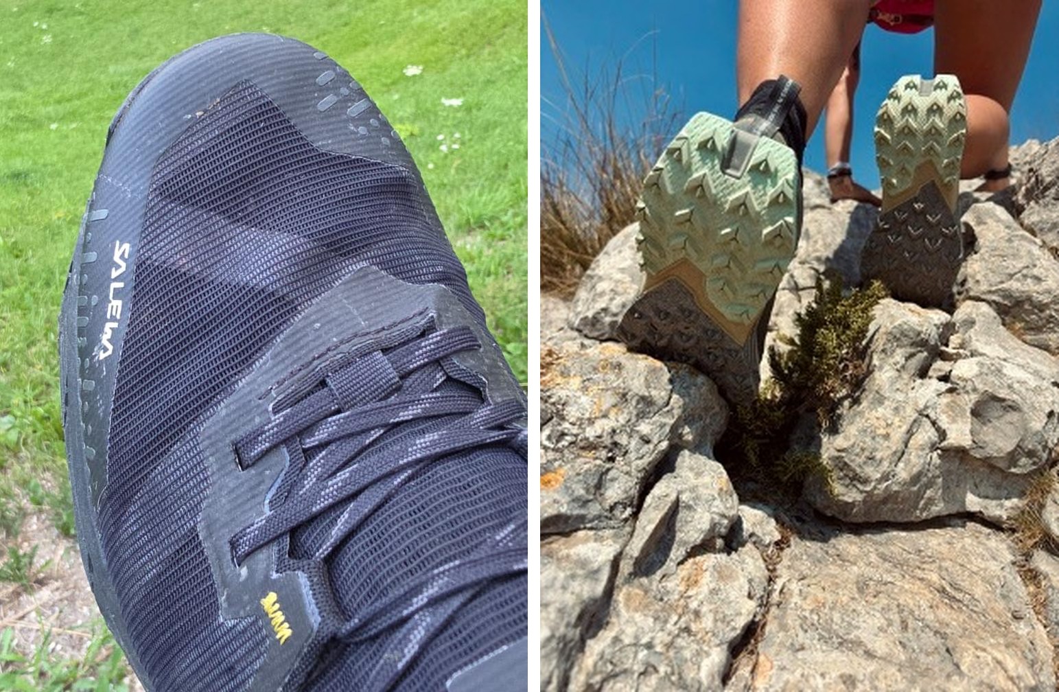 Salewa Pedroc 2 Max: links das Mesh-Obermaterial von oben, rechts die Profilsohle von unten