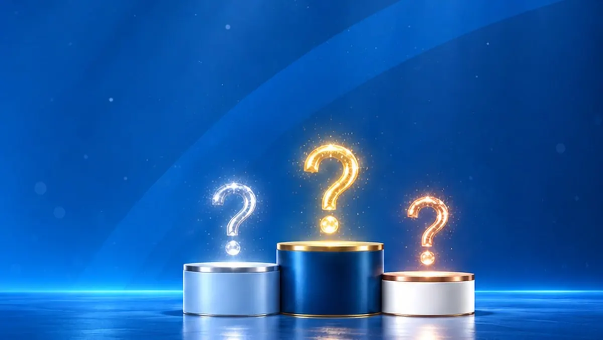 KI-generiert: leeres Siegerpodest in Club-Blau mit leuchtenden Fragezeichen in Gold, Silber und Bronze (AI-generated image)
