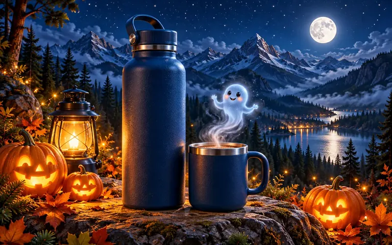 Thermoflasche und dampfender Becher auf einem Felsen, aus dem Dampf steigt ein kleiner Geist, dahinter Berge im Mondlicht