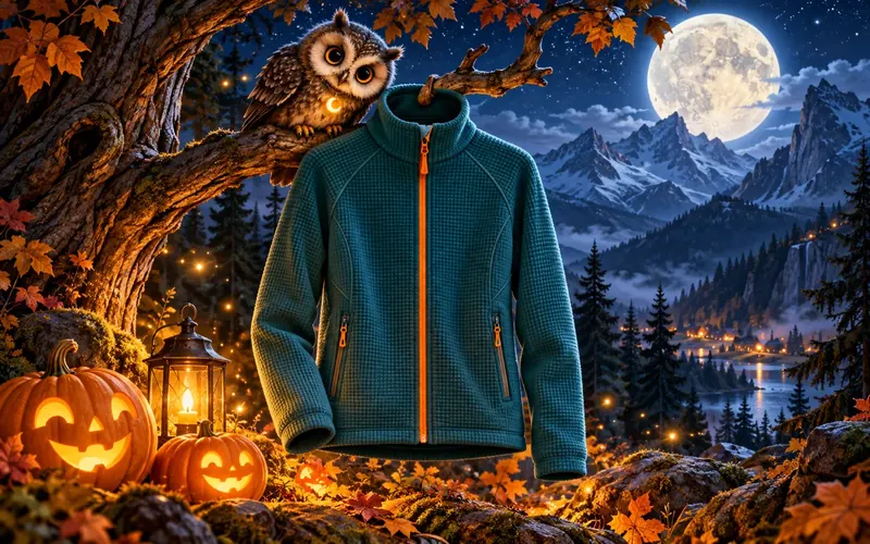 Eine Fleecejacke hängt im Mondlicht an einem knorrigen Ast, daneben sitzt eine Eule, darunter Kürbisse und eine Laterne