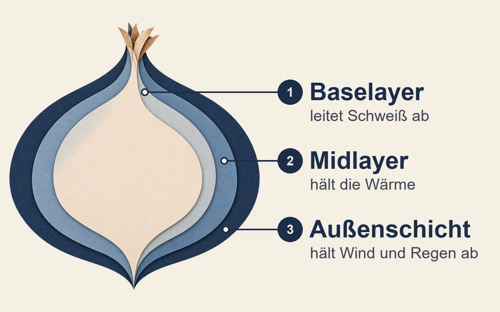 Grafik einer Zwiebel mit drei Schichten: 1 Baselayer leitet Schweiß ab, 2 Midlayer hält die Wärme, 3 Außenschicht hält Wind und Regen ab