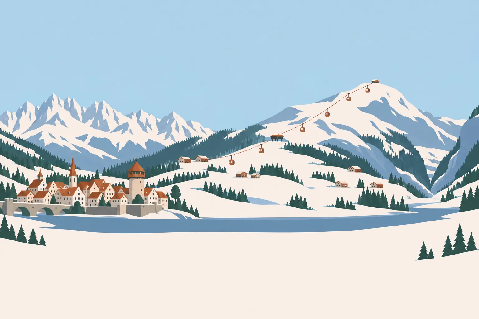 Gezeichnetes Winterpanorama: vorn links eine Altstadt mit rundem Turm am Fluss, dahinter ein Plateau mit verstreuten Häusern und eine Gondelbahn hinauf zu einem breiten Schneegipfel mit Hütte, links eine Kalkkette