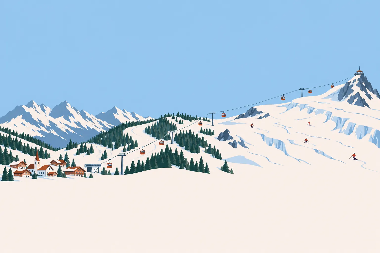 Gezeichnetes Winterpanorama: Links ein Ort im Tal, eine Gondelbahn führt über einen bewaldeten Vorberg auf weite Gletscherflächen mit Skifahrern bis zum Gipfel mit Aussichtsplattform