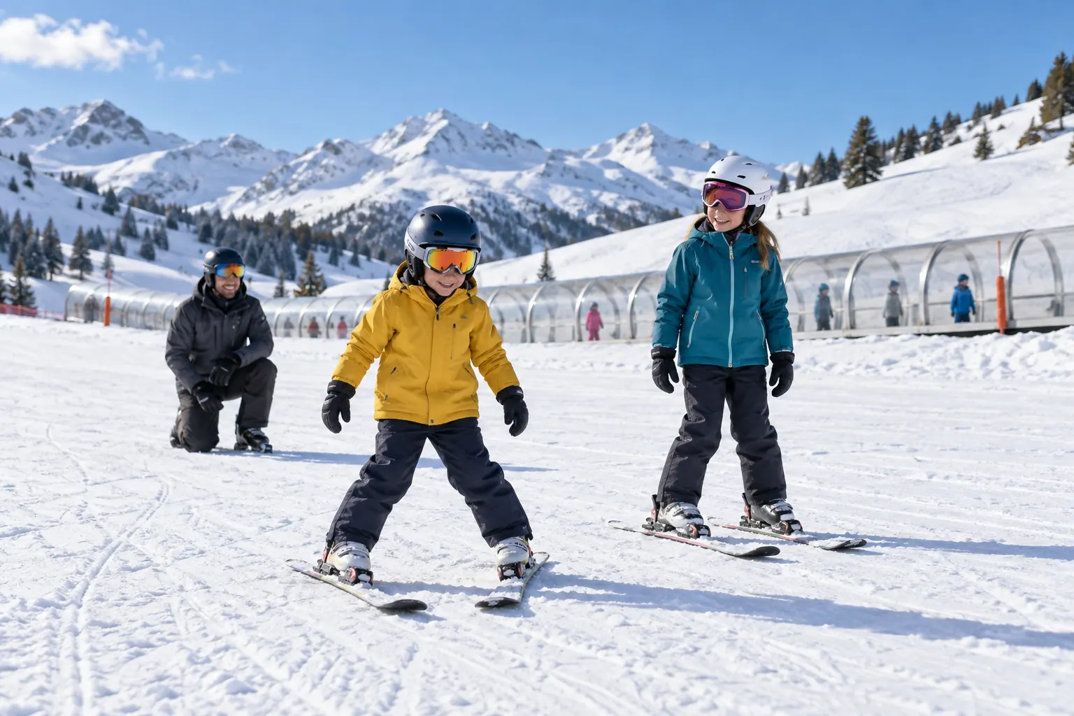 Zwei Kinder mit Helm und Skibrille auf einem flachen Übungshang, im Hintergrund ein überdachtes Förderband und ein Skilehrer (KI-generierte Darstellung)