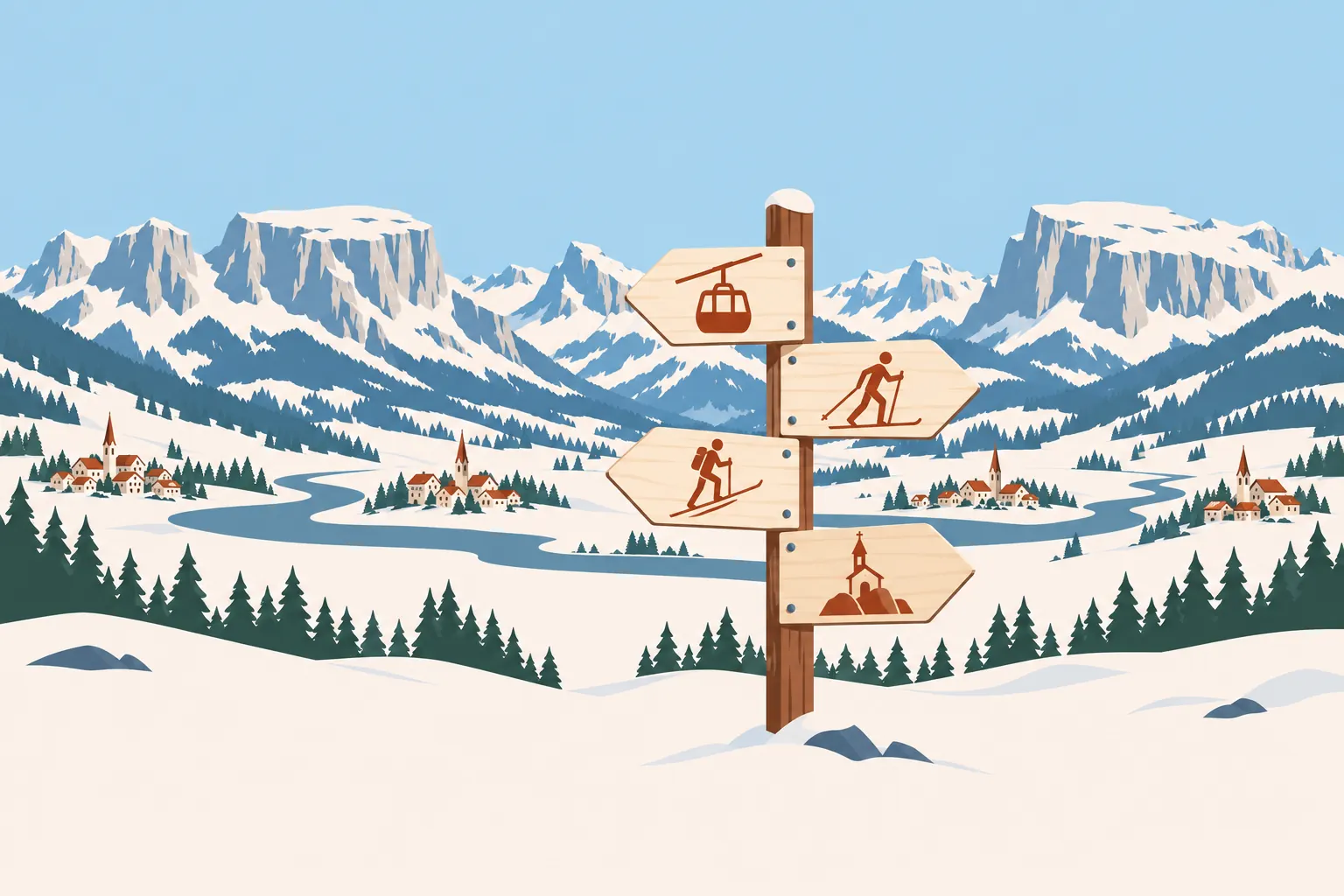 Gezeichneter verschneiter Wegweiser mit vier Pfeilen und Piktogrammen für Gondel, Langlauf, Skitour und Kapelle, dahinter ein Tal mit Fluss, vier kleinen Dörfern und hellen Kalkbergen