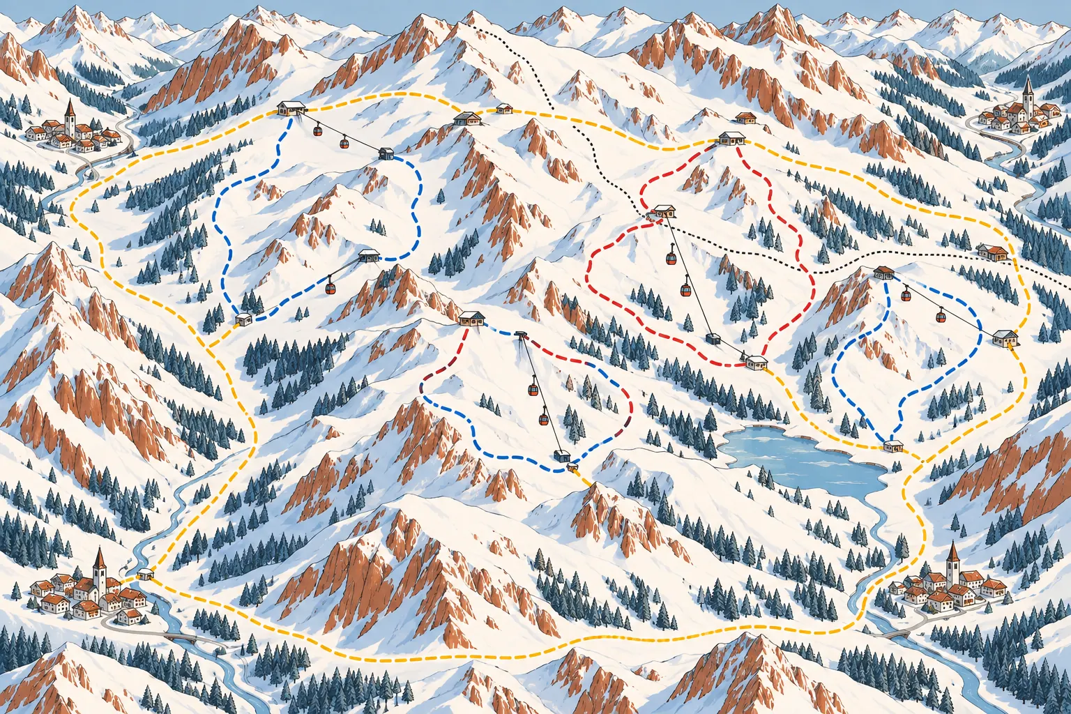Gezeichnete Übersicht eines großen Skigebiets mit vier Dörfern und farbigen Skirunden über verschneite Bergrücken