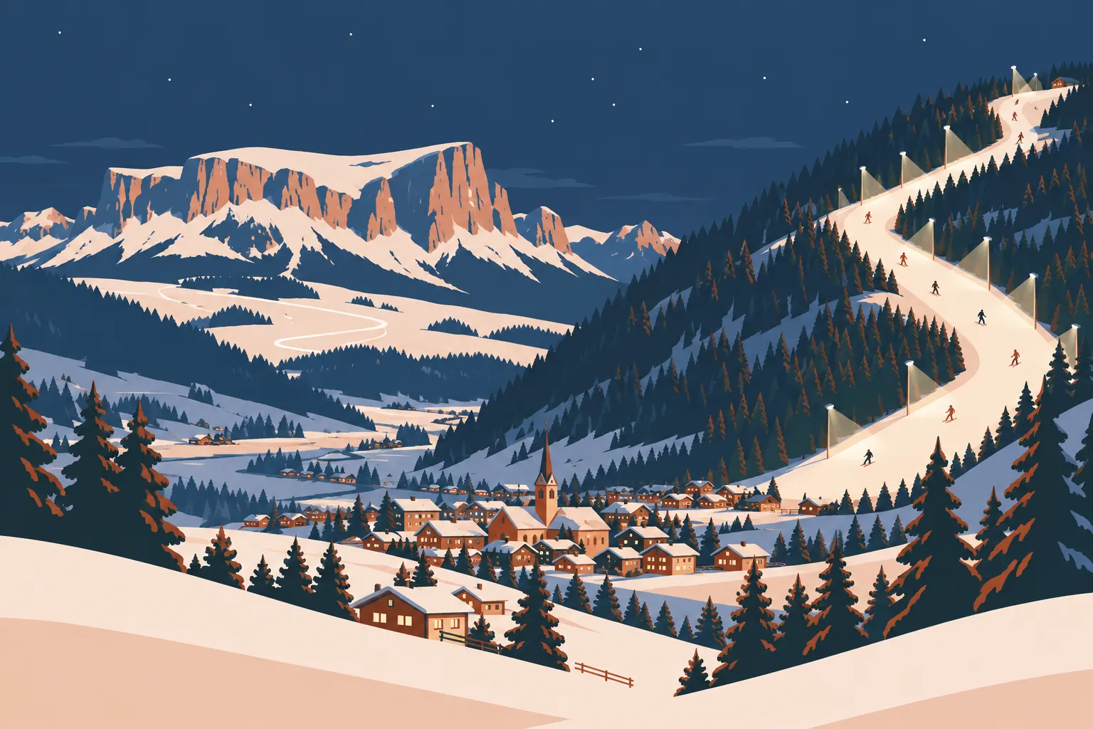 Gezeichnete Winterlandschaft zur Blauen Stunde: Ort mit erleuchteten Fenstern im Tal, rechts eine Flutlichtpiste mit Skifahrern, links ein Kalkmassiv mit Schneeplateau und eine Loipe auf der Hochfläche