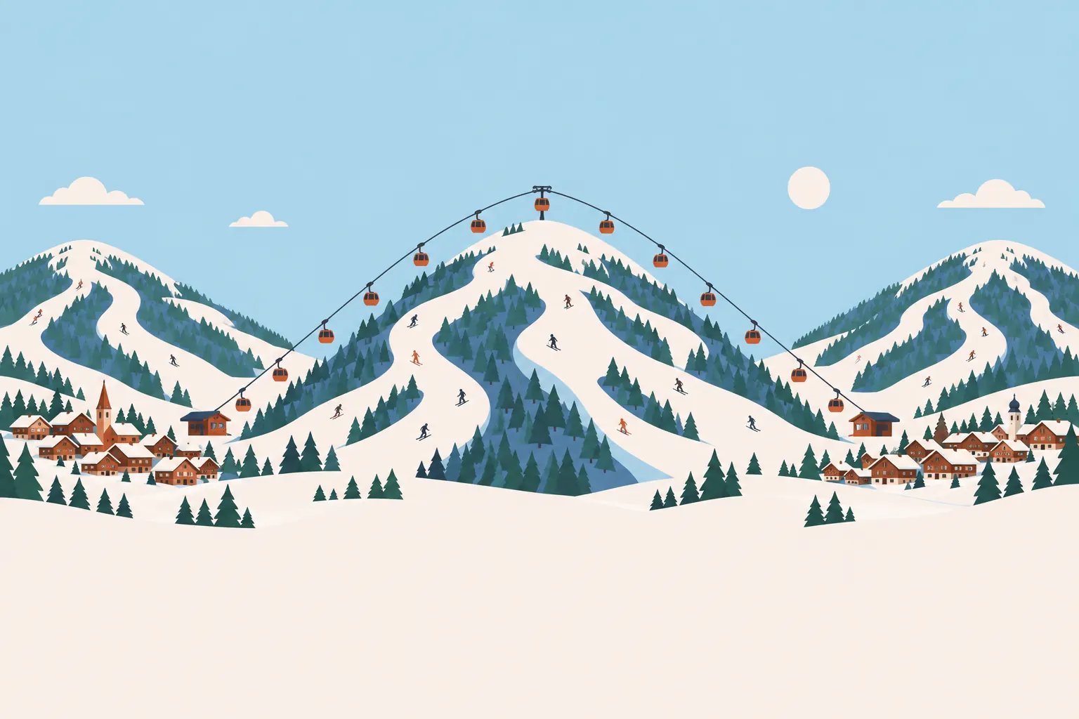 Gezeichnetes Winterpanorama: Eine Gondelbahn führt von einem Dorf im linken Tal über einen verschneiten Pistenberg hinunter zu einem Dorf im rechten Tal, links und rechts weitere Skiberge