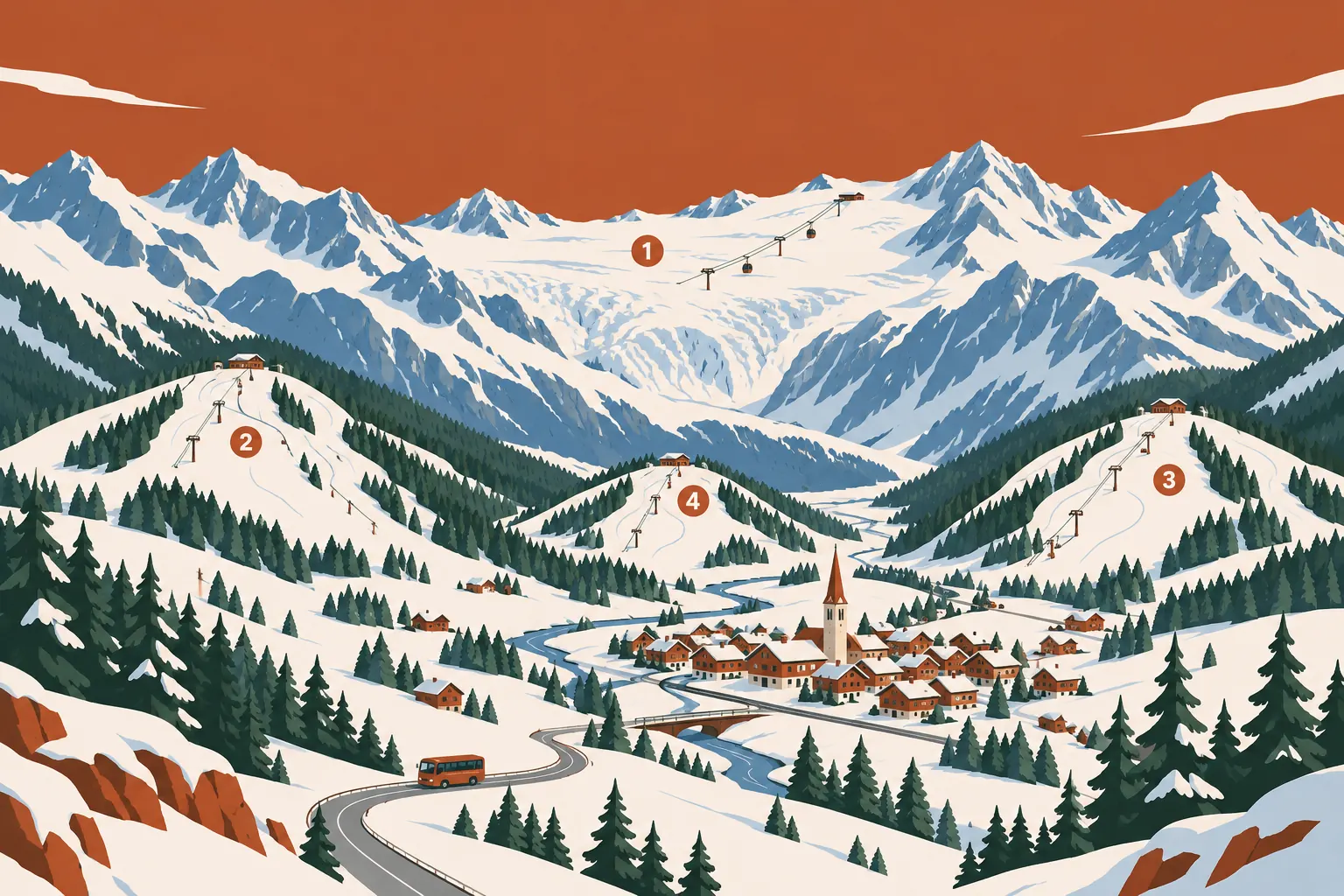 Illustrierte Winterkarte eines Alpentals mit Gletscher, drei Skibergen, Dorf und Skibus, vier Gebiete nummeriert