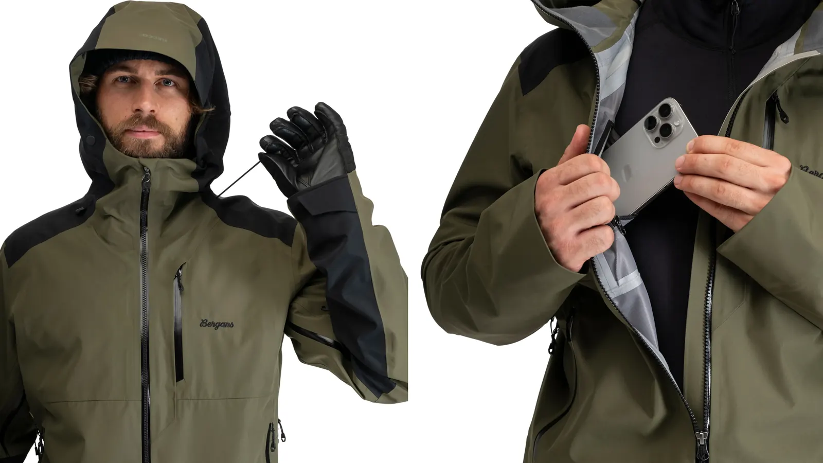 Detailaufnahmen der Bergans Oppdal 3L Shell Jacket: Kapuze mit Kordelzug und Brusttasche mit Innenfach