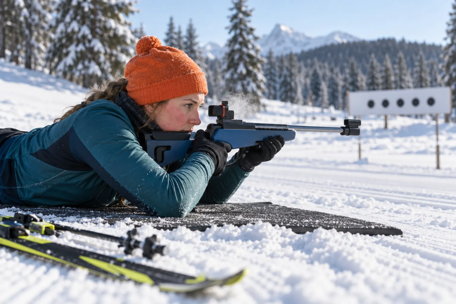 Hobby-Langläuferin im Liegendanschlag am Laser-Biathlonstand, Atemwolke in kalter Luft (KI-generierte Darstellung)