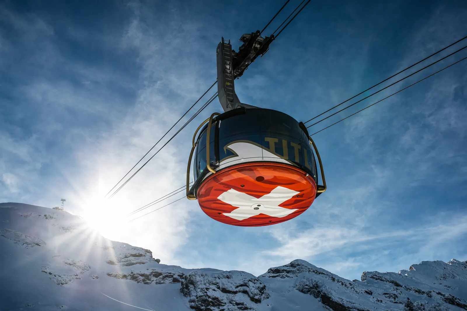 Drehende Kabine der Titlis Rotair von unten, mit Schweizer Flagge am Kabinenboden, im Gegenlicht über Gletscherhängen