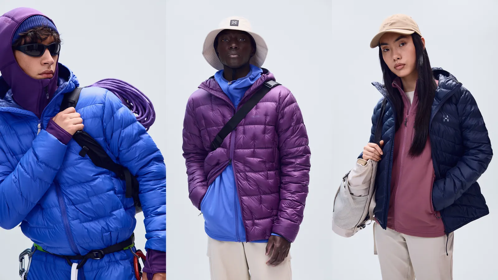 Three people in Haglöfs insulated jackets: ROC Flash Down Hood in blue, Hede Down Hood in purple, Särna Mimic II Hood in navy