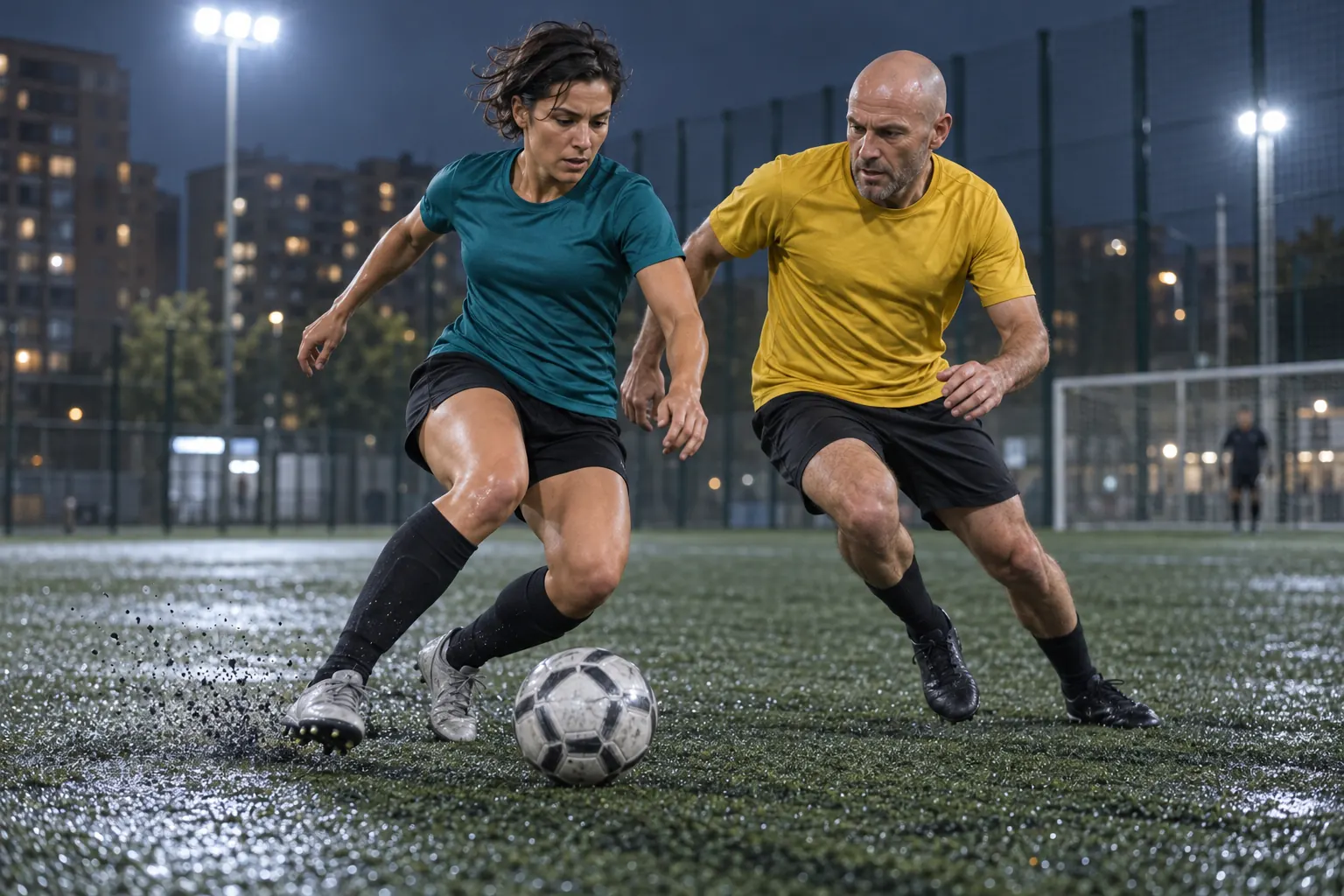 Zwei Freizeitfußballer sprinten abends unter Flutlicht auf Kunstrasen um den Ball (KI-generierte Darstellung)