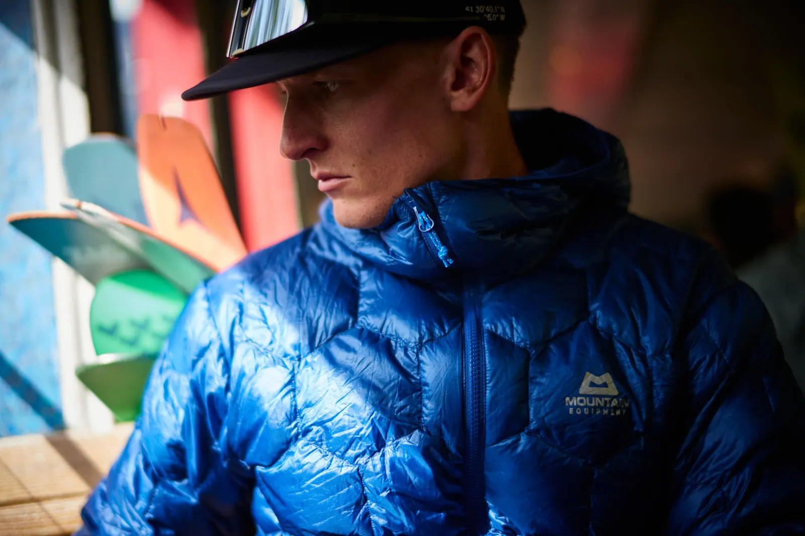 Close-up of the blue Xenith down jacket showing the hexagonal down baffles