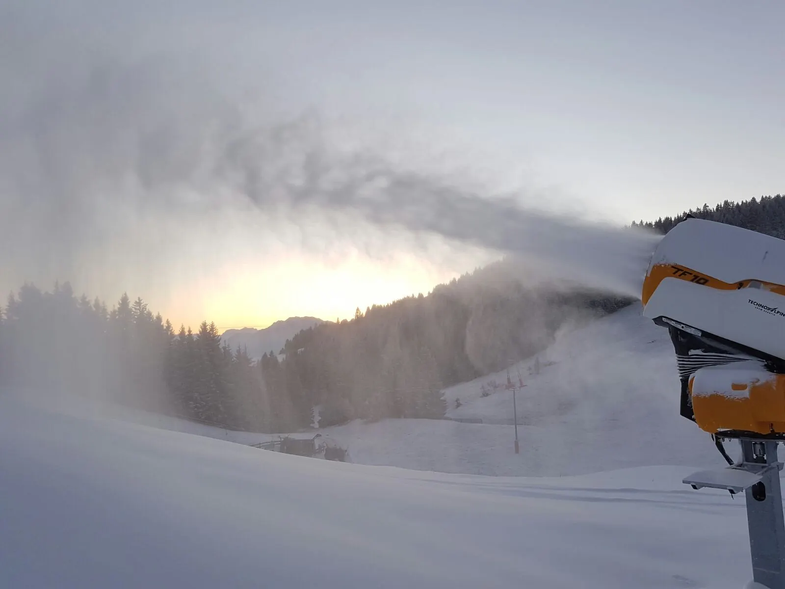 Ein Schneeerzeuger bläst Kunstschnee über eine Piste, dahinter Wald im Gegenlicht