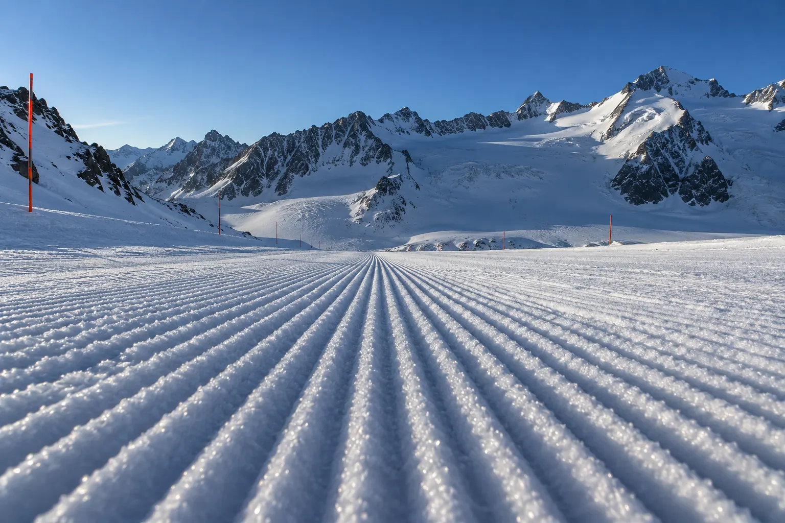 Frisch präparierte Gletscherpiste mit Kordstruktur am Morgen, dahinter Gletscher und Felsgrate (KI-generierte Darstellung)