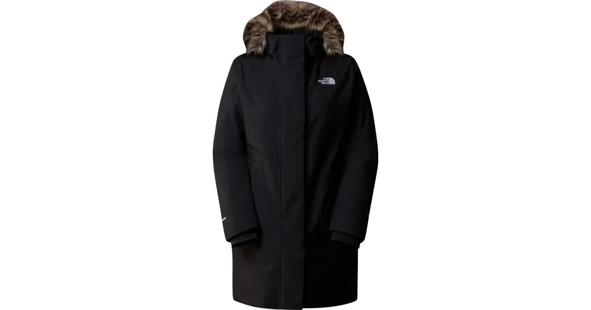 Schwarzer Daunenparka mit Kapuze und Fellimitat-Besatz, The North Face Arctic Parka für Damen, Produktfoto auf weißem Grund