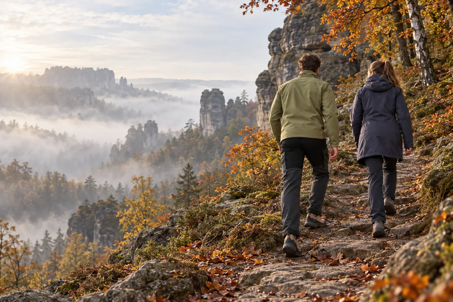 Zwei Menschen wandern an einem Herbstmorgen zwischen Sandsteinfelsen hinauf, im Tal liegt Nebel (KI-generiertes Bild) (KI-generierte Darstellung)