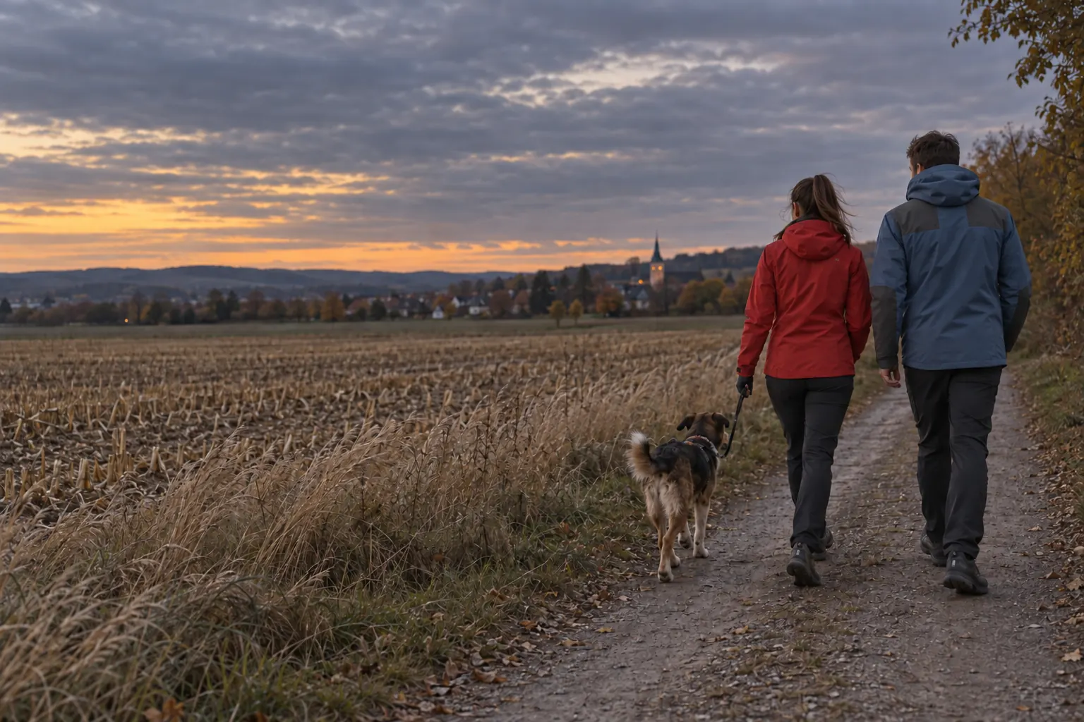 Frau geht in der Abenddämmerung mit Hund auf einem Feldweg am Rand einer Kleinstadt (KI-generiertes Bild) (KI-generierte Darstellung)