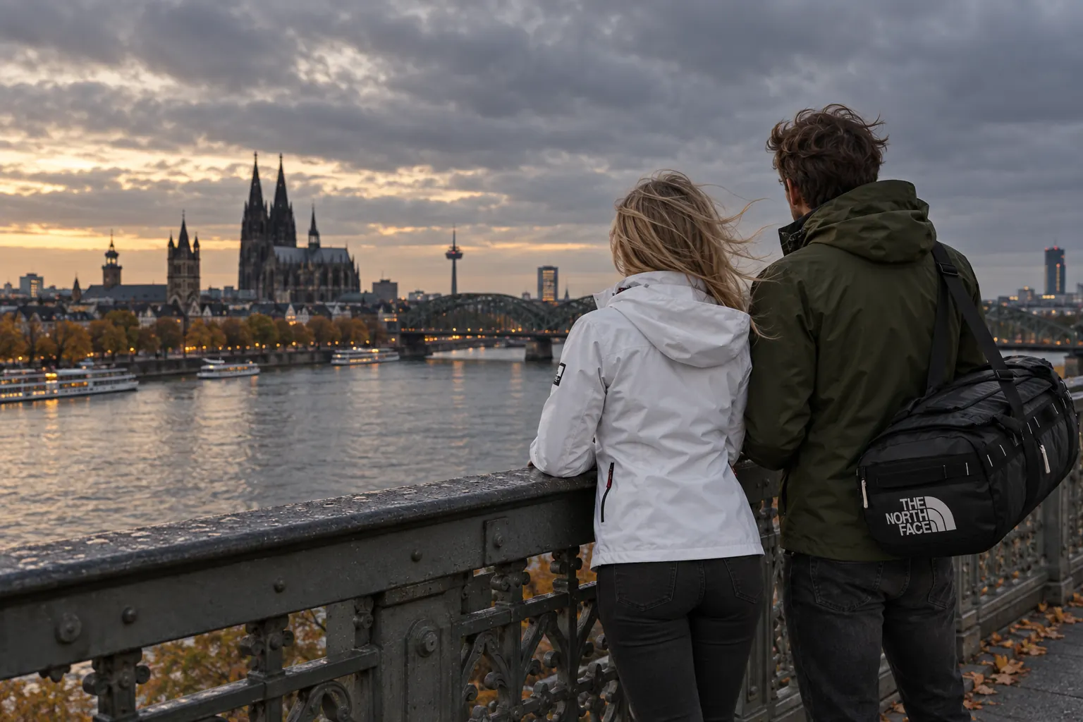 Frau und Mann mit Reisetasche stehen im Wind an einer Brücke über den Rhein, dahinter der Kölner Dom (KI-generiertes Bild) (KI-generierte Darstellung)