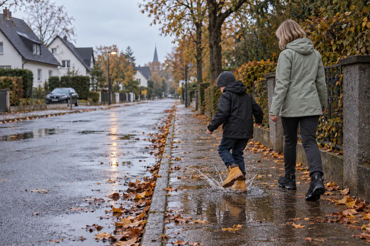 Kind springt auf dem Schulweg in eine Pfütze, daneben ein Elternteil (KI-generiertes Bild) (KI-generierte Darstellung)